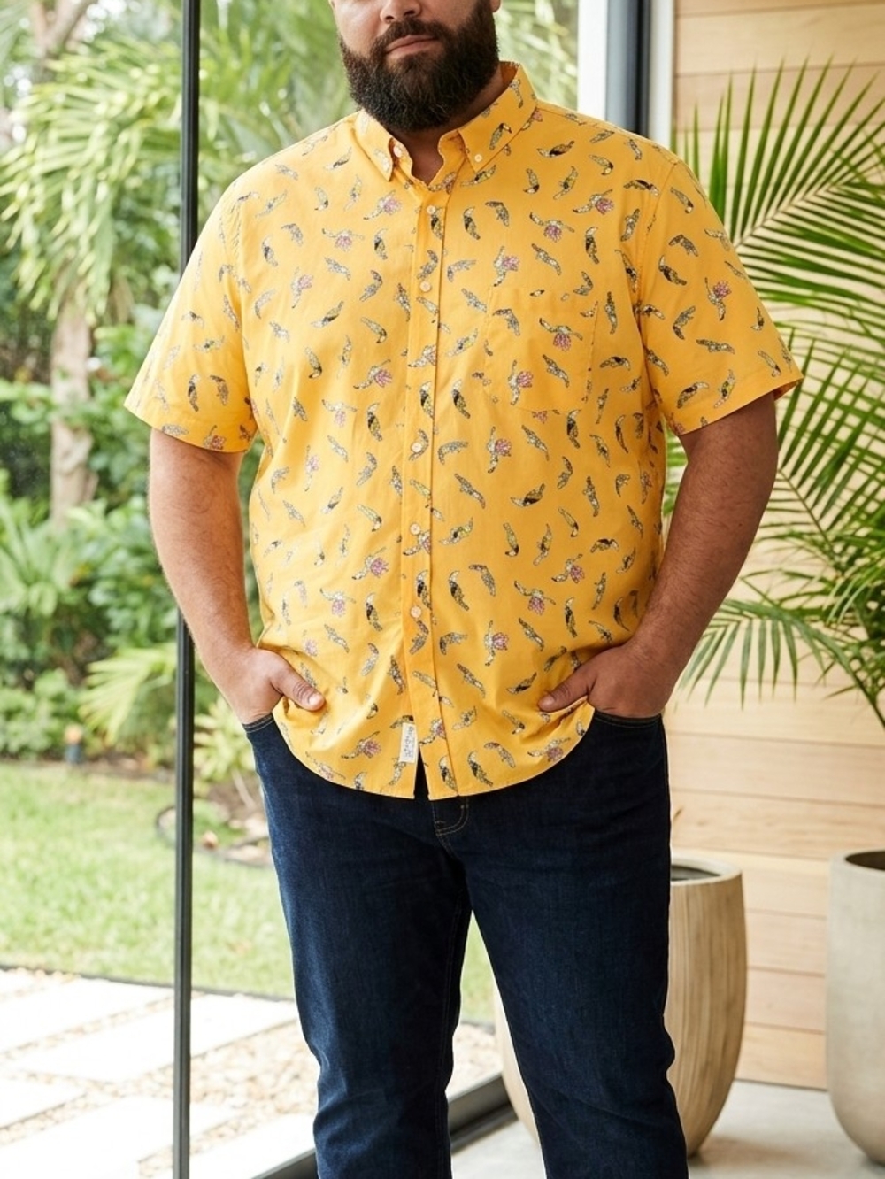 Club Room Yellow Short-Sleeve Button-Down Shirt with Tropical Print